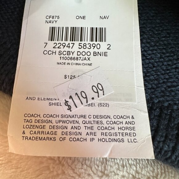 NWT! COACH CF875 Women Logo Wool Colorblocked Pom Pom Beanie In Navy - Picture 5 of 9